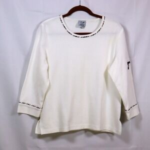 Cafe Au Lait 3/4 Sleeve Top XL White Womens Nautical Zipper Pocket‎ Shirt